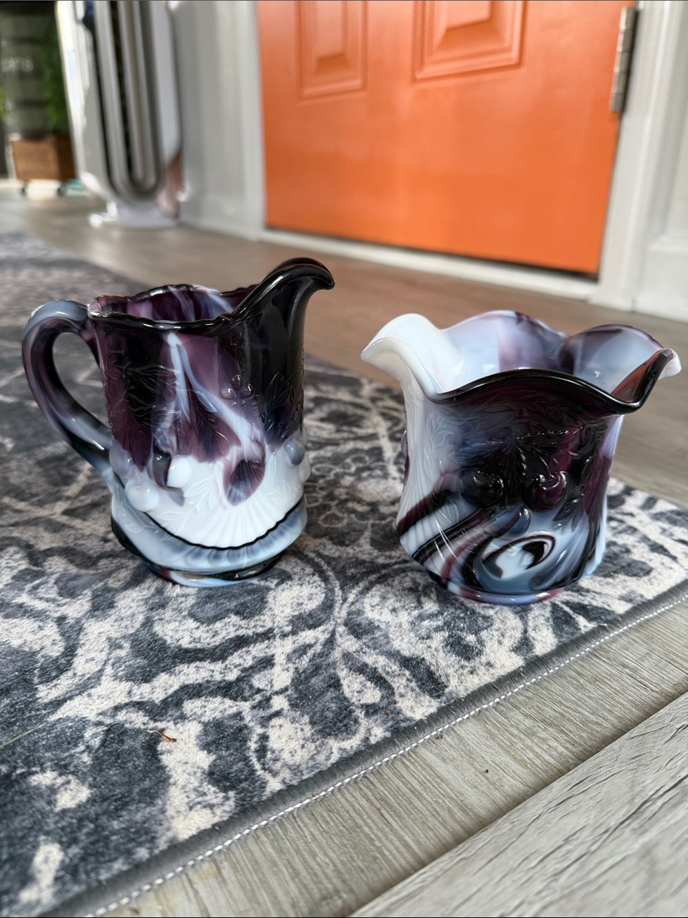 Vintage antique L.G. Wright purple amethyst swirl slag glass pitcher sugar bowl